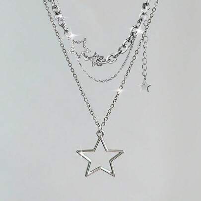 ROMWE Goth 2 件龐克復古風格星星吊墜項鍊套裝,帶水鑽細節,雙層,別緻酷炫鎖骨鏈項鍊