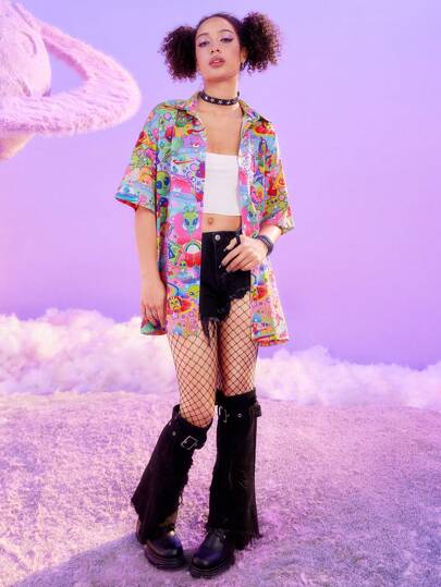 ROMWE X Care Bears Camisa De Moda Holgada Con Impresión De Alienígena Colorida