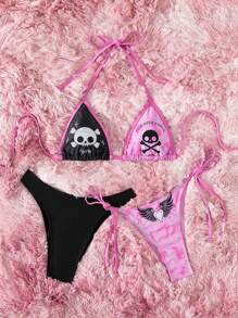 Swim EVENT Summer Beach Ladies' Halterneck Bikini Set With Skull Print, Halloween - Multicolor - View 5