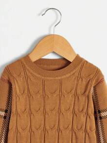 SHEIN 男童休閒圓領拼布長袖格子毛衣 - 棕色 - 查看 3