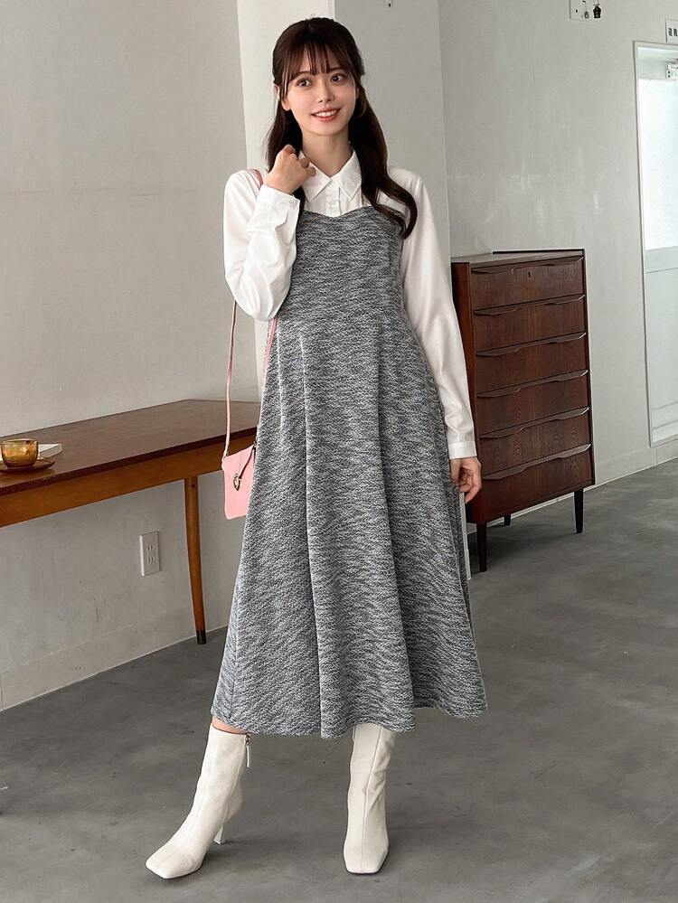 Contrast Color 2 In 1 Long Sleeve Dress Shirt Dress,Fall Dress Maxi Dress