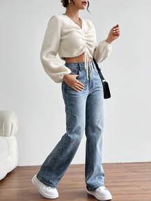 SHEIN Essnce 女款抽繩燈籠袖 T 卹 - 米色 - 查看 4