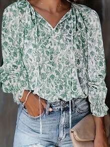 SHEIN LUNE 女性大尺碼花卉印花領帶領口襯衫 - 墨綠色 - 查看 1