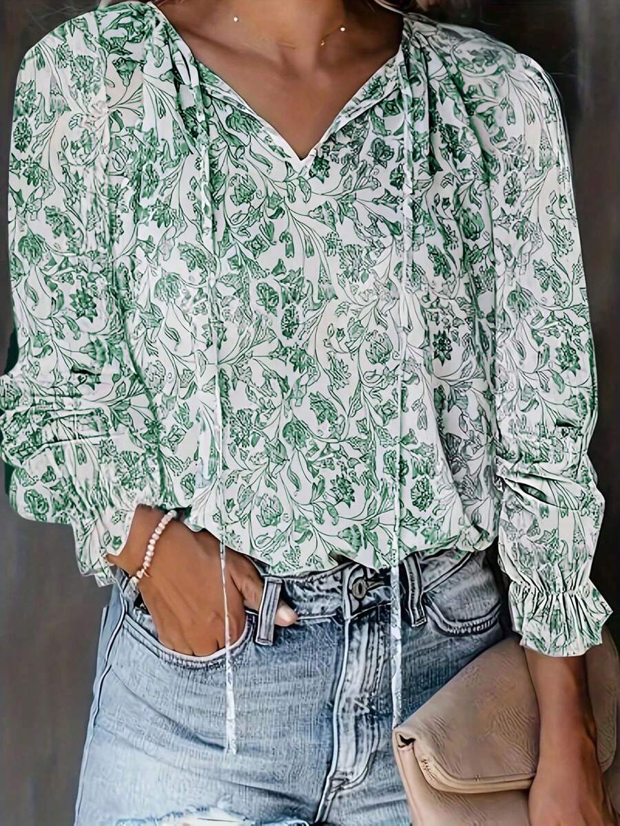 SHEIN LUNE 女性大尺碼花卉印花領帶領口襯衫 - 墨綠色 - 查看 1