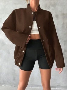 SHEIN Cottnline 斜口袋插肩袖花呢外套 - 咖啡棕 - 查看 4
