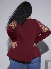 SHEIN CURVE+ Women's Plus Size Rhinestones Decorated Hollow Out T-shirt - Burgundy - View 2