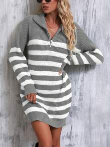 SHEIN Frenchy Của phụ nữ Dây kéo nửa Áo cao cổ Thả vai Sọc Đầm Áo len - Xám - Xem 1