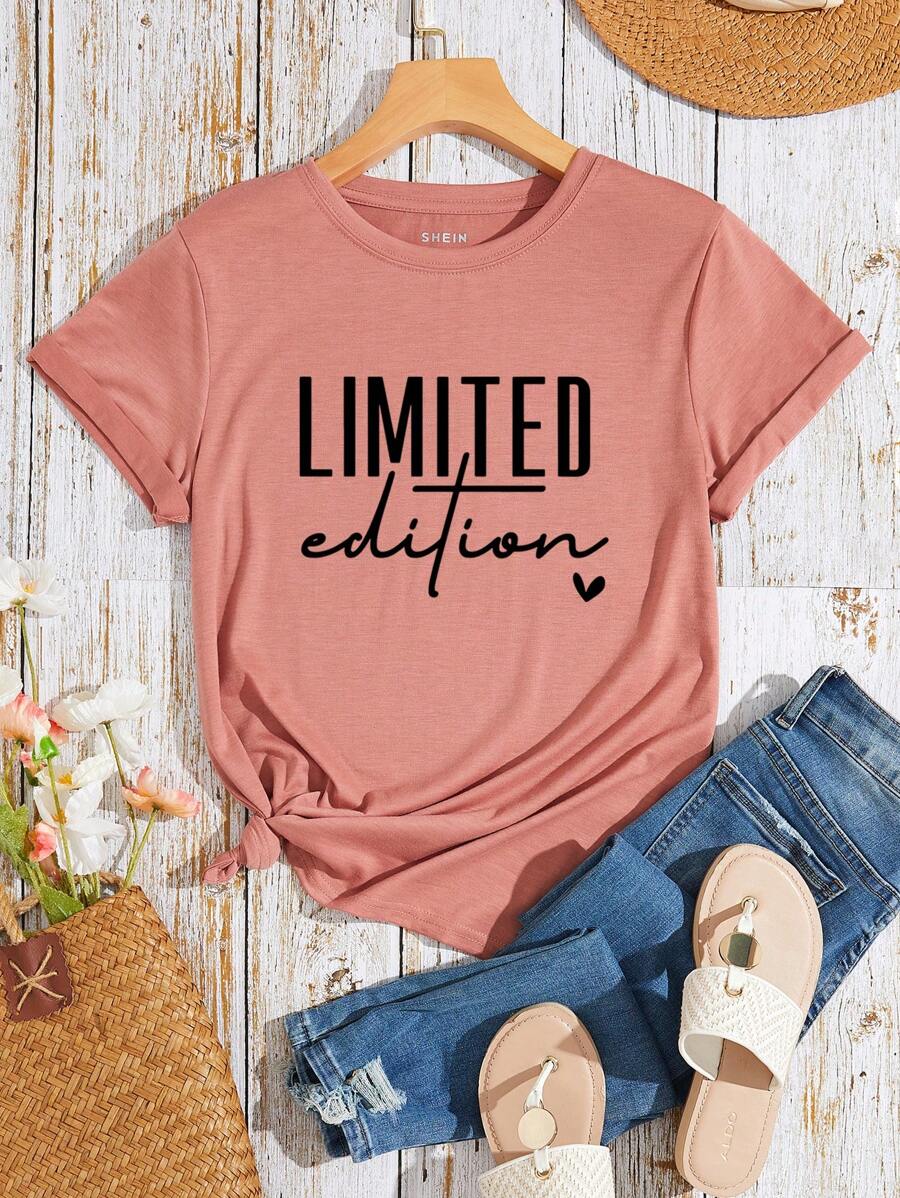 INAWLY Letter Printed Short Sleeve T-Shirt Graphic Tees Women Tops - Dusty Pink - View 1