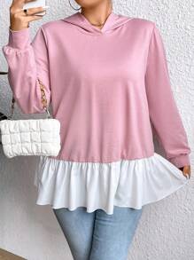 SHEIN Clasi 大码撞色荷叶边下摆套头卫衣，秋季卫衣 - 粉色 - 查看 3