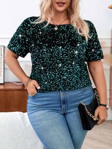 SHEIN Clasi 大尺碼女款亮片短袖襯衫 - 綠色 - 查看 5