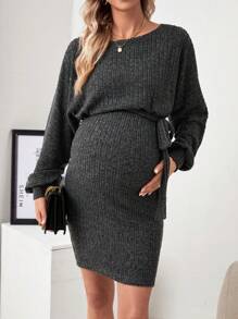SHEIN Maternity Solid Color Belted Dress - Dark Grey - View 1