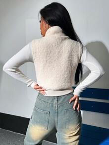 SHEIN Qutie Women's Plush Vest Jacket - Beige - View 2