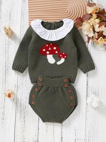 嬰兒蘑菇圖案撞色領毛衣+針織短褲套裝 - 軍綠色 - 查看 1