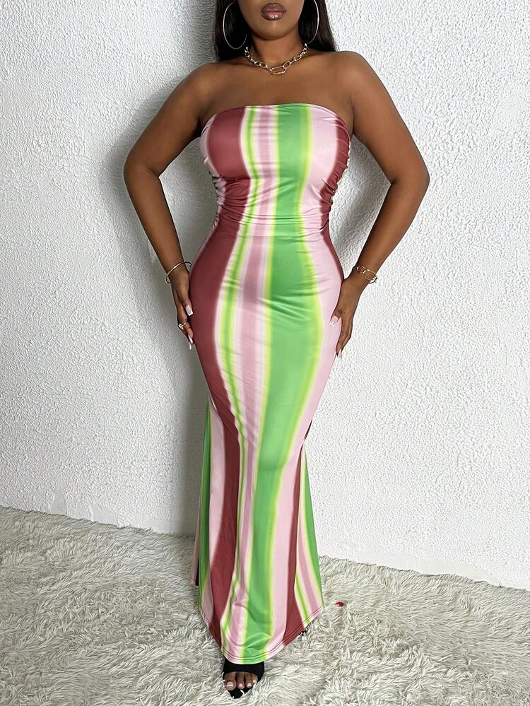 Plus Size Color Block Bodycon Strapless Dress