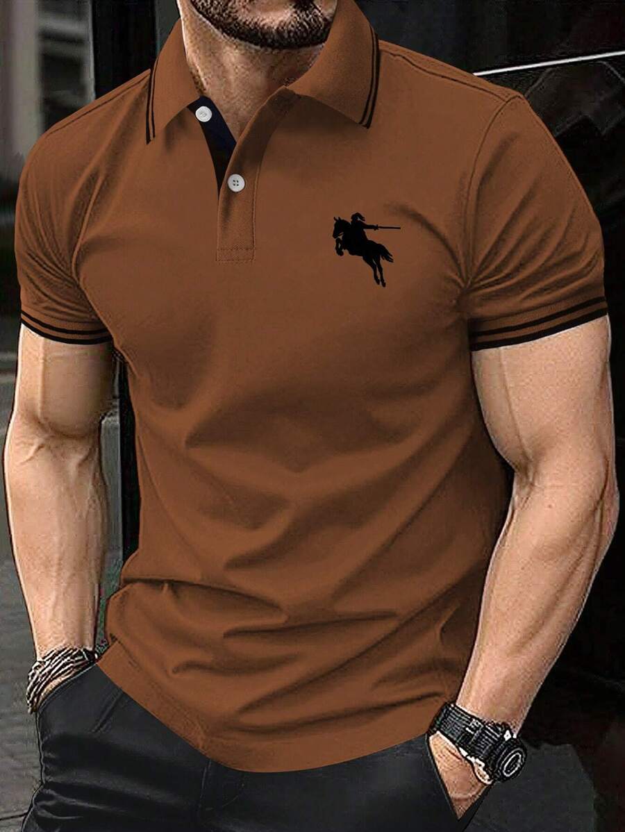 Manfinity Homme Men's Horse And Figure Printed Polo Shirt - Brown - View 1