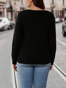 SHEIN Clasi 大尺寸鏤空落肩毛衣套頭衫 - 黑色 - 查看 3