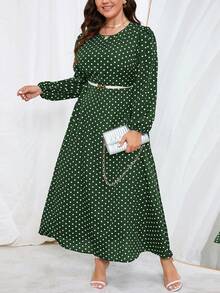 SHEIN Clasi 大尺碼圓領波點連身裙 - 綠色 - 查看 3