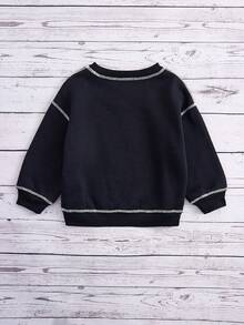 SHEIN 小女孩鬆身復古圓領對比色線條與字母圖案針織運動衫 - 黑色 - 查看 2