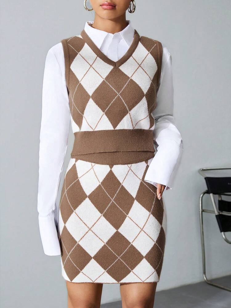 Women's Diamond Check V-neck Sweater Vest And Knitted Skirt Set