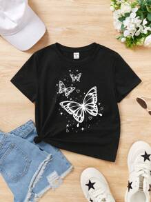 SHEIN Tween女孩休閒卡通印花短袖t卹適合夏季 - 黑色 - 查看 1