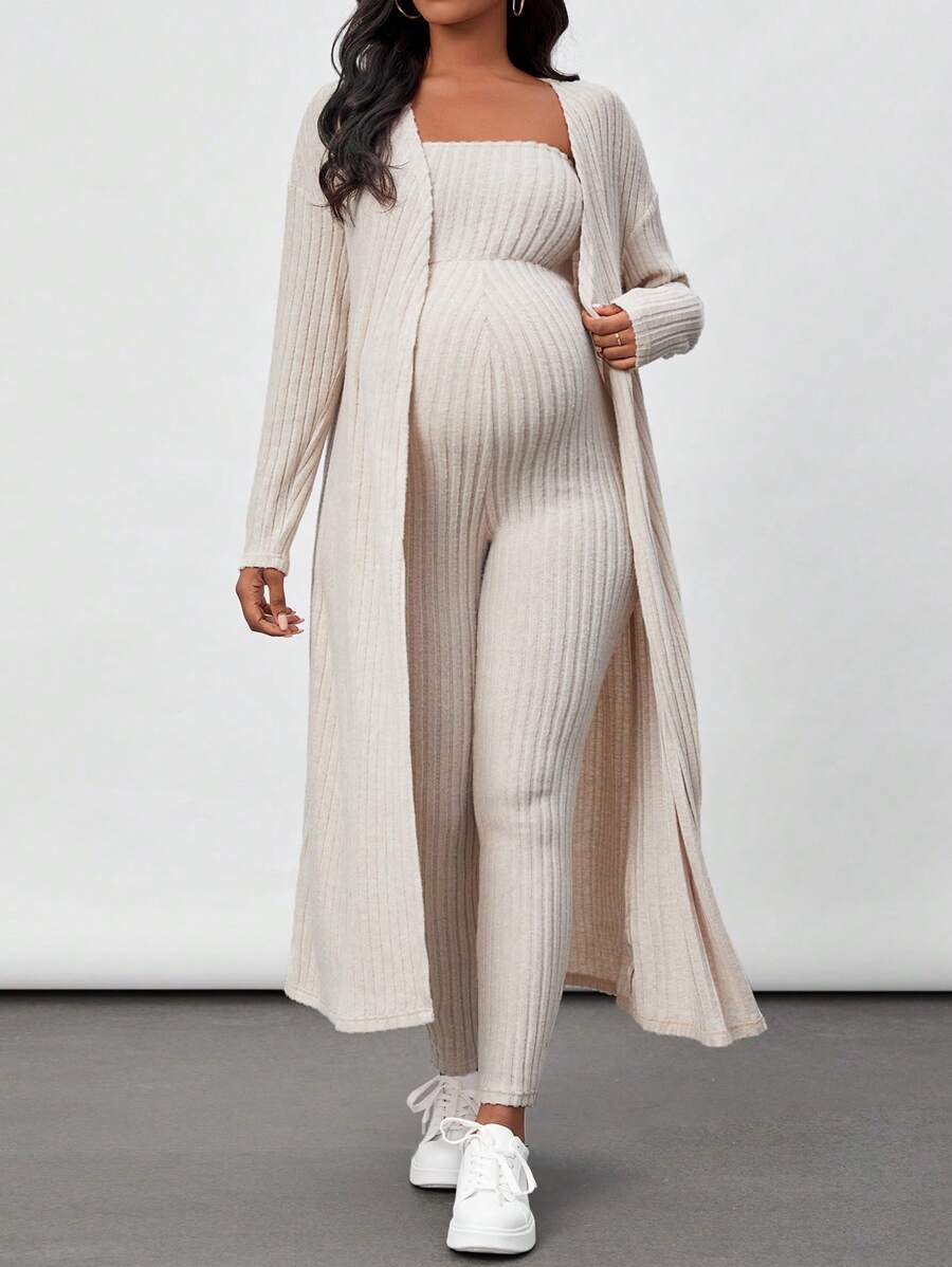 SHEIN Maternity Ribbed Jumpsuit & Cardigan Set With Strapless Design - Khaki - View 1