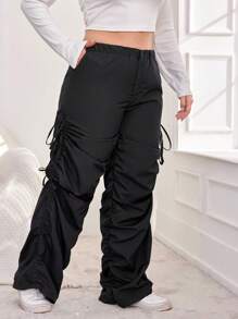 SHEIN Cottnline Women's Plus Size Drawstring Ruched Ripped Pants - Black - View 5