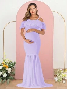 Maternity Lace Trim Short Sleeve Long Gown For Photography - Purple - View 4