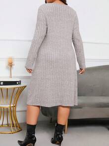 EMERY ROSE 加大號實色方領肋針織連衣裙 - 灰色 - 查看 2