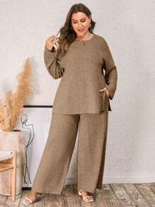 SHEIN LUNE Women's Plus Size Plain Ribbed Top And Pants Two Pieces Set - Mocha Brown - View 1