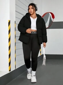 SHEIN EZwear Manteau matelassé femme de couleur unie à capuche, grande taille, hiver