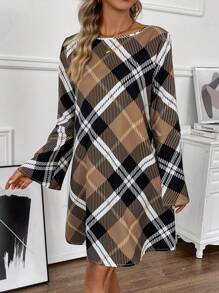 SHEIN Clasi 格子圓領長袖連衣裙 - 卡其色 - 查看 1