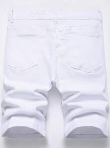 Manfinity Homme Quần short denim rách màu trơn có túi chéo Jorts Plain All White Holiday Basic - trắng - Xem 2