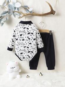 Em bé Con trai Giải trí Núi & Gấu In Tay áo dài Và Quần Bộ , Mặc hàng ngày Đối với Mùa Thu /đông - Xanh đậm - Xem 2