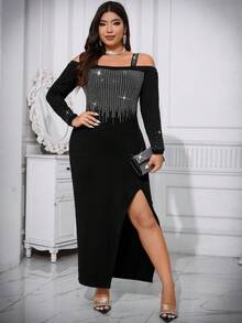 SHEIN Belle Women's Plus Size Rhinestone Decorated Off-Shoulder High Split Dress - Black - View 3