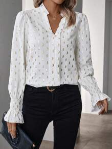 SHEIN Privé V領花卉印花袖口包覆式上衣 - 白色 - 查看 4
