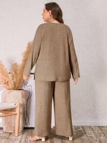SHEIN LUNE Women's Plus Size Plain Ribbed Top And Pants Two Pieces Set - Mocha Brown - View 2