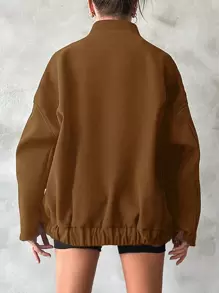 SHEIN Cottnline Manteau de femme avec col de baseball et fermeture à boutons devant - Tabac - Voir 2