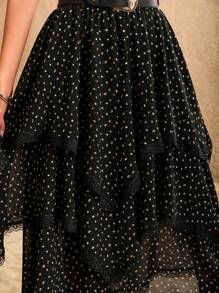 Rusttydustty Women's Black Polka Dot Asymmetric Layered Retro Romantic Skirt, Suitable For Holiday, Valentine's Day, New Year Party Wear - Black - View 9