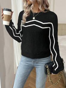 SHEIN LUNE 條紋圖案落肩袖套頭毛衣 - 黑色 - 查看 4
