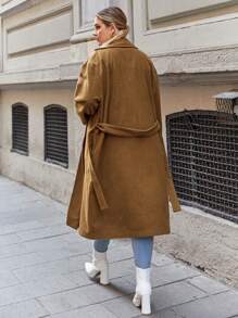 SHEIN Cottnline Plus Lapel Neck Belted Overcoat - Camel - View 2