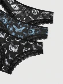 ROMWE Goth 3pcs/set Women's Lace Trimmed Butterfly & Bat & Starry Eyes Printed Thong Underwear - Multicolor - View 4