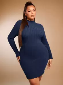 SHEIN SXY 大尺碼女式羅紋針織緊身連身裙 - 藏蓝色 - 查看 1