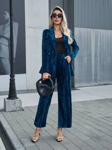 SHEIN Privé Women's Velvet Suit Set With Long Sleeves - Navy Blue - View 3