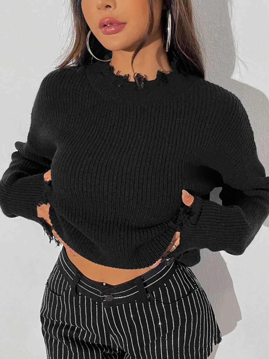 SHEIN Unity Drop Shoulder Raw Trim Sweater - Black - View 1