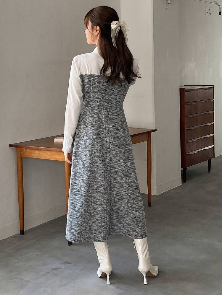 Contrast Color 2 In 1 Long Sleeve Dress Shirt Dress,Fall Dress Maxi Dress