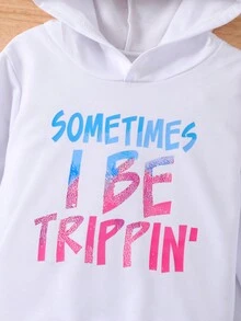 SHEIN Cô gái Giải trí Lá thư In Hoodie Và Quần Bộ , Tay áo dài - trắng - Xem 4