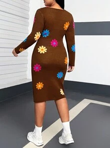 Flirla Plus Size Floral Patterned Sweater Dress With Large Round Neckline