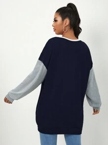 SHEIN Essnce Kích thước lớn Của phụ nữ Thả vai Khối màu Áo nỉ - Màu xanh hải quân - Xem 2