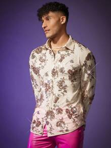 FeverCity Men's Casual Floral Beaded Shirt - Champagne - View 1