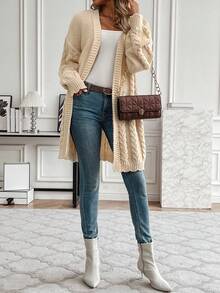 SHEIN LUNE Màu thuần Thả vai Mở Mặt trước Áo len Mở - Màu be - Xem 3